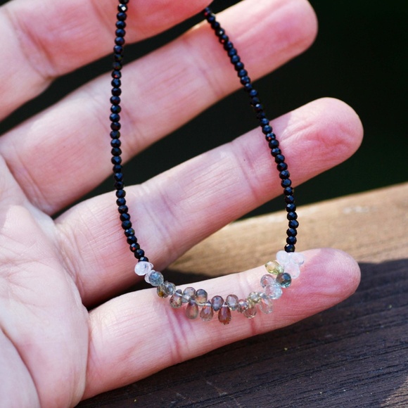 Natural Black Spinel, Tiny Briolette Sapphire Bracelet Handmade 14K White Gold - Picture 3 of 4